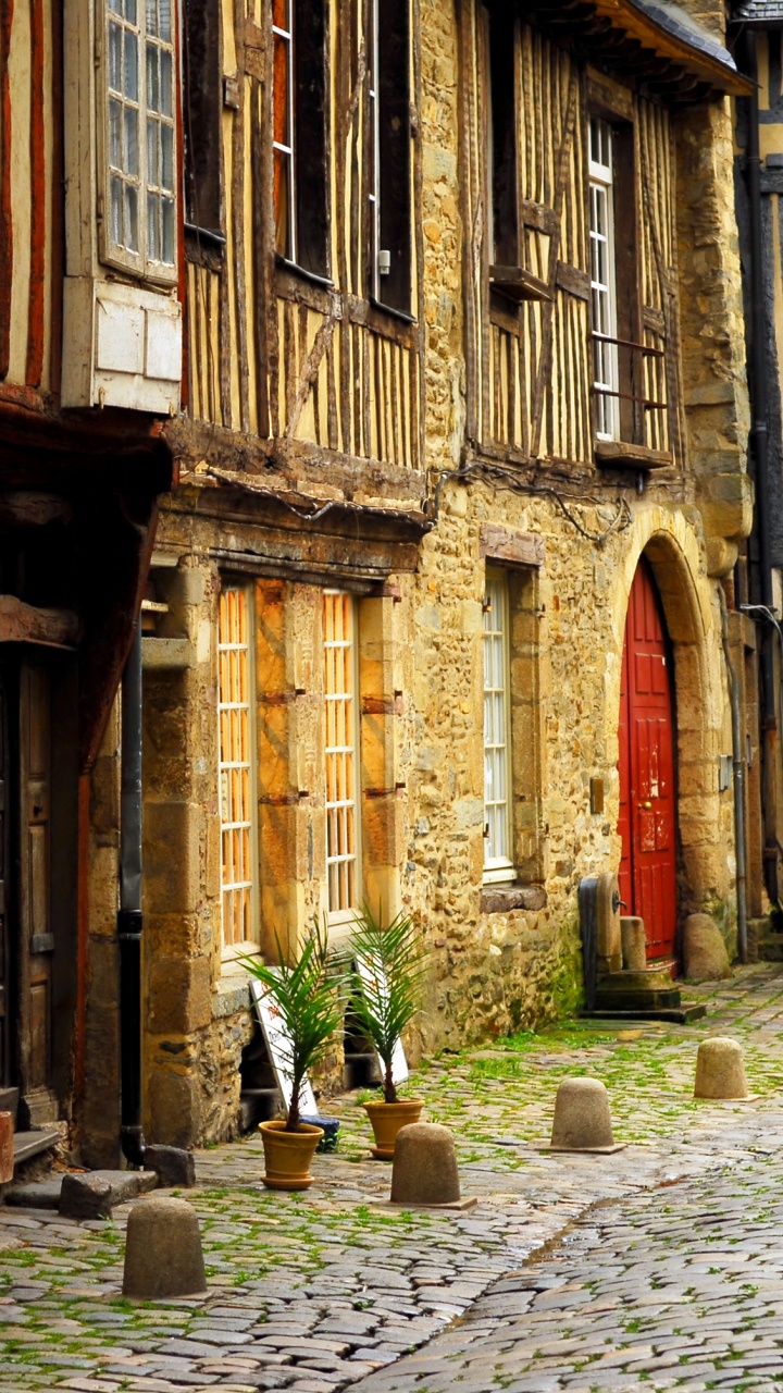 Porte en Bois Marron Près Des Plantes Vertes. Wallpaper in 720x1280 Resolution