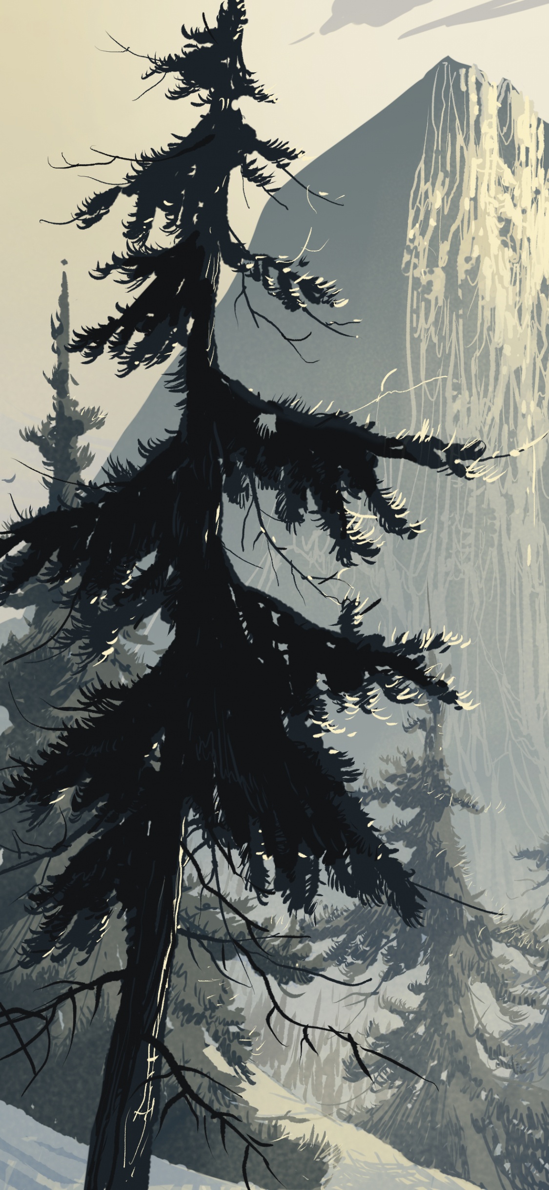 Download 1125x2436 Wallpaper Art, Spruce, Forest, Tree, Winter Art, Spruce, Forest, Tree, Winter. Wallpaper in 1125x2436 Resolution