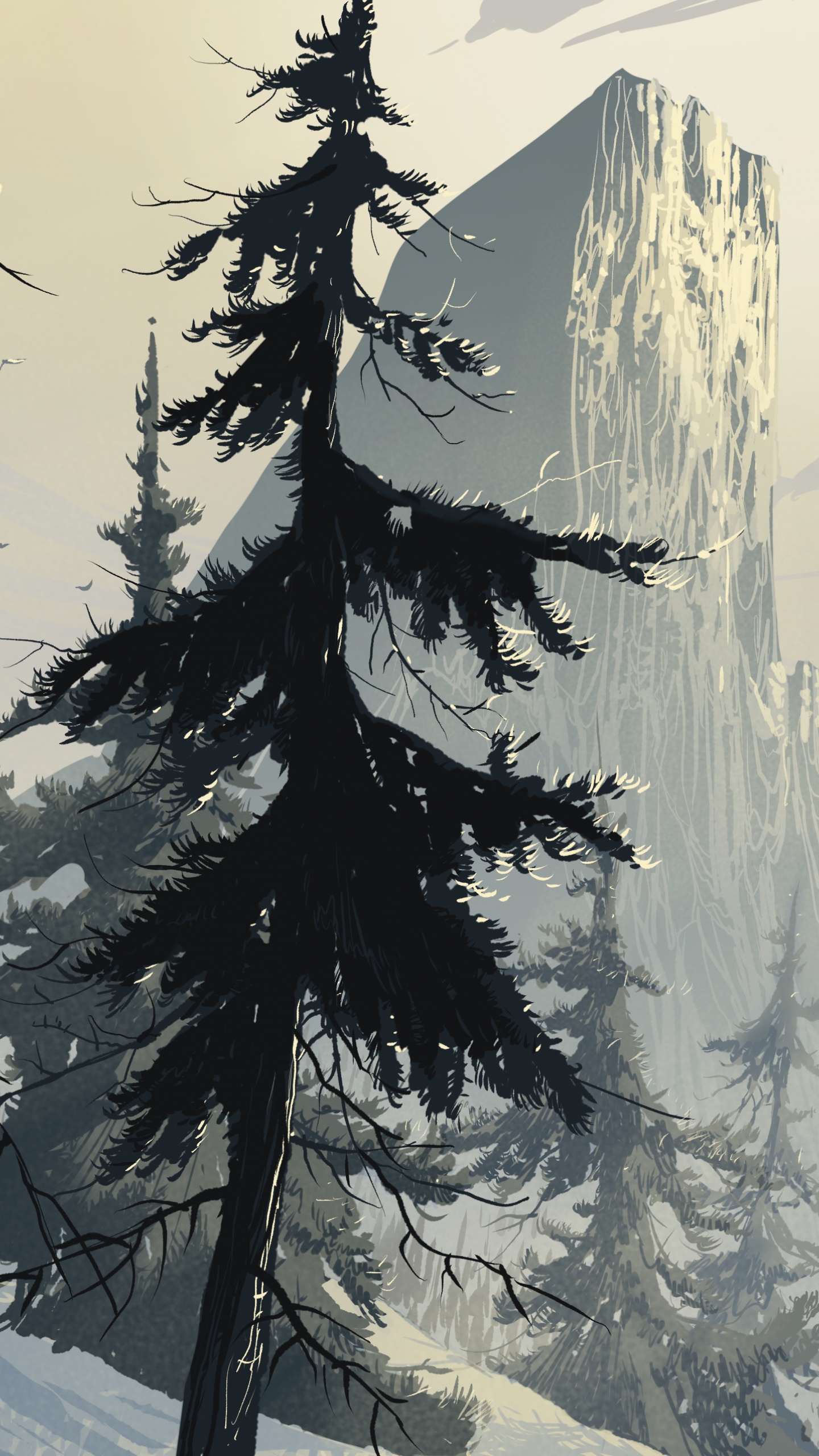 Kunst, Fichte, Wald, Baum, Winter. Wallpaper in 1440x2560 Resolution