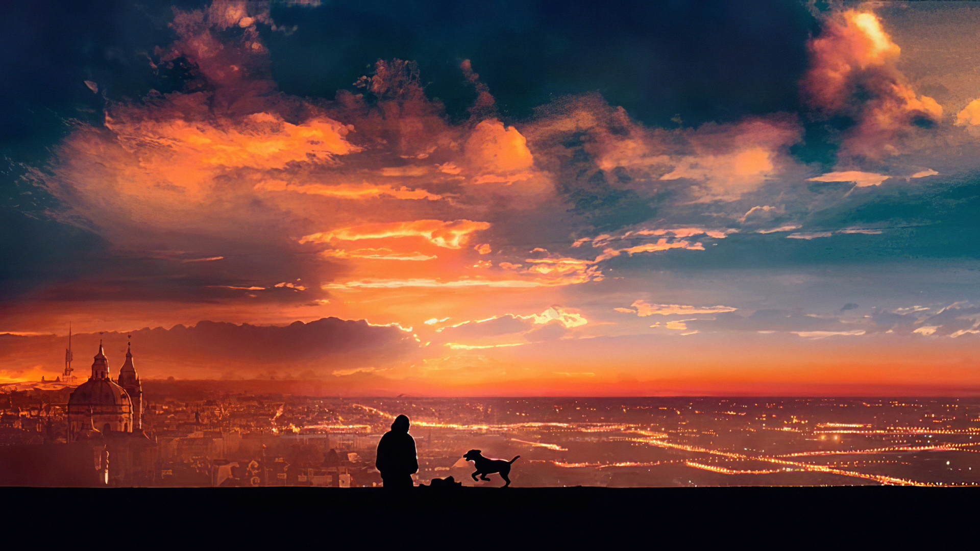 Silhouette of 2 People Sitting on Rock During Sunset. Wallpaper in 1920x1080 Resolution