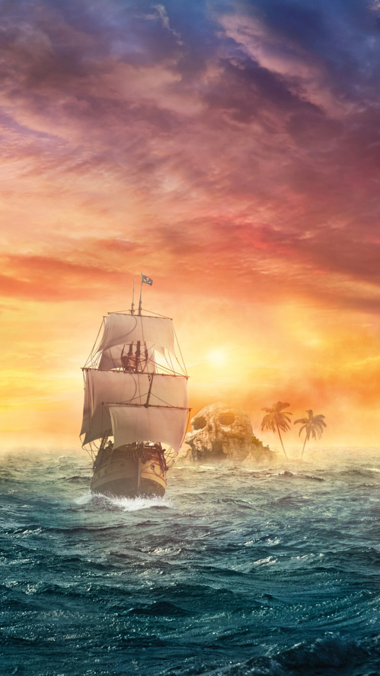 White Ship on Sea Under Orange and Blue Sky. Wallpaper in 750x1334 Resolution