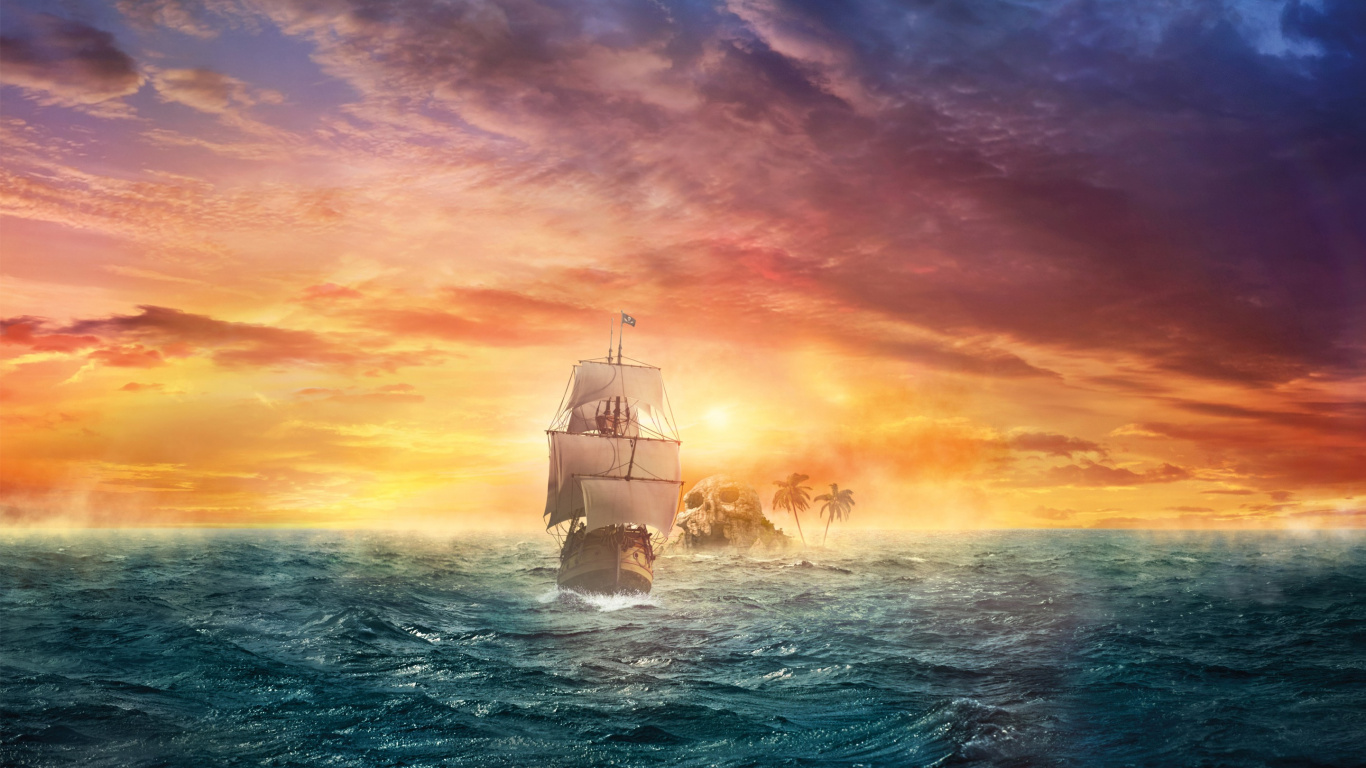 Weißes Schiff Auf See Unter Orangefarbenem Und Blauem Himmel. Wallpaper in 1366x768 Resolution