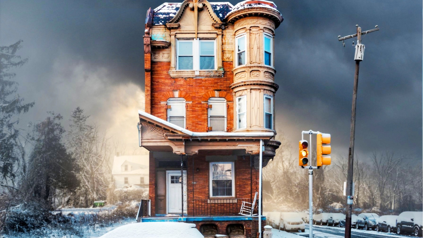 Edificio, Coche, Nieve, Ventana, Neumatico. Wallpaper in 1366x768 Resolution