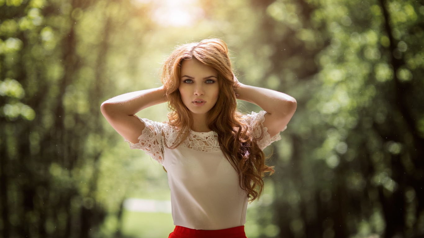 Woman in White Floral Lace Tank Top and Red Skirt. Wallpaper in 1366x768 Resolution