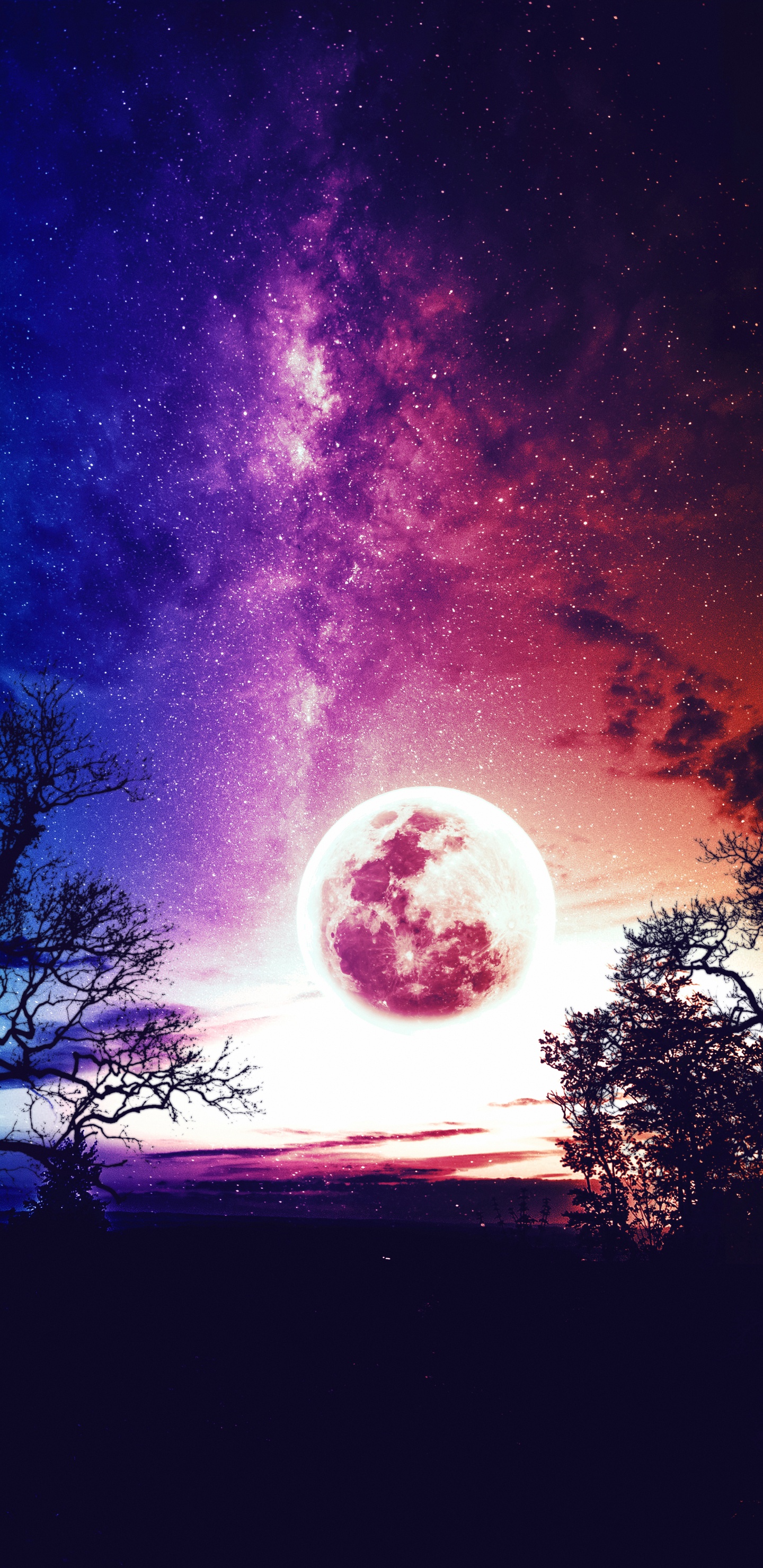 Moon, Atmosphere, World, Purple, Tree. Wallpaper in 1440x2960 Resolution