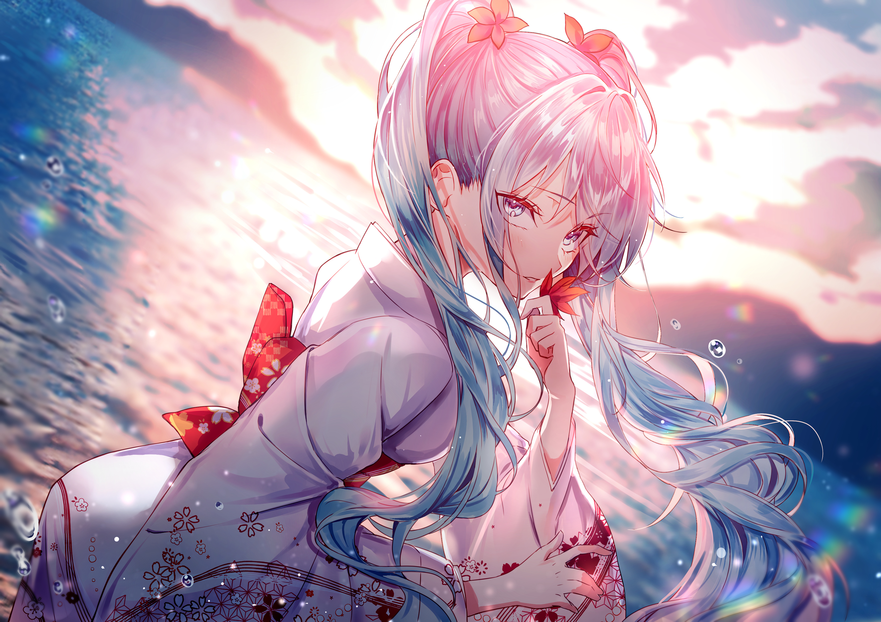 Beautiful anime girl with blue hair posing with butterflies HD wallpaper  download
