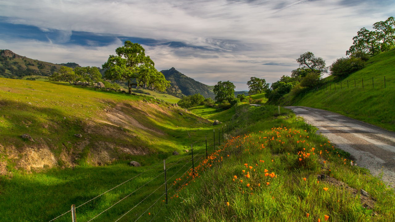 Green Grass Field and Mountain Under White Clouds and Blue Sky During Daytime. Wallpaper in 1280x720 Resolution