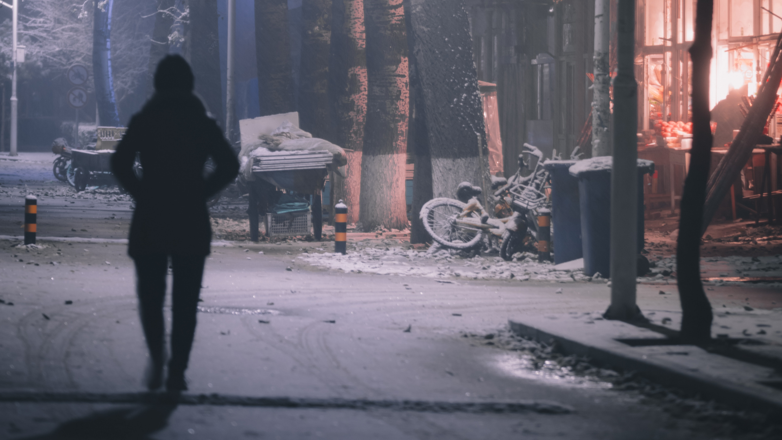Person in Black Coat Standing on Snow Covered Ground During Daytime. Wallpaper in 2560x1440 Resolution