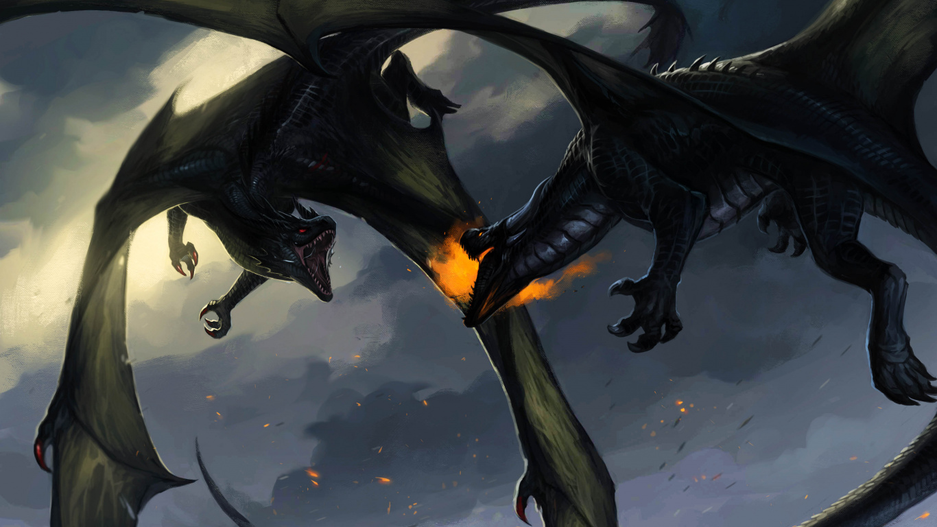 Dragon Noir Aux Ailes Orange Illustration. Wallpaper in 1366x768 Resolution