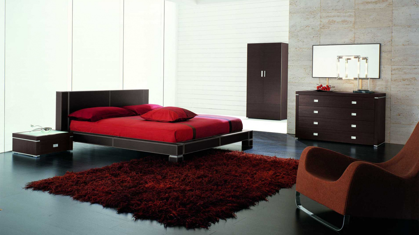 Rotes Und Schwarzes Bett Neben Braunem Holzschrank. Wallpaper in 1366x768 Resolution