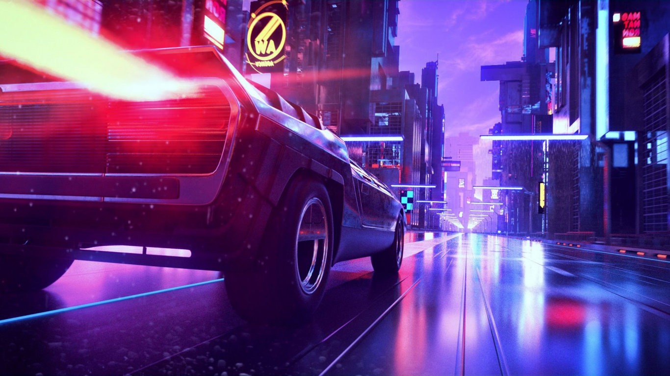 Rotes Auto Auf Der Straße Während Der Nachtzeit. Wallpaper in 1366x768 Resolution