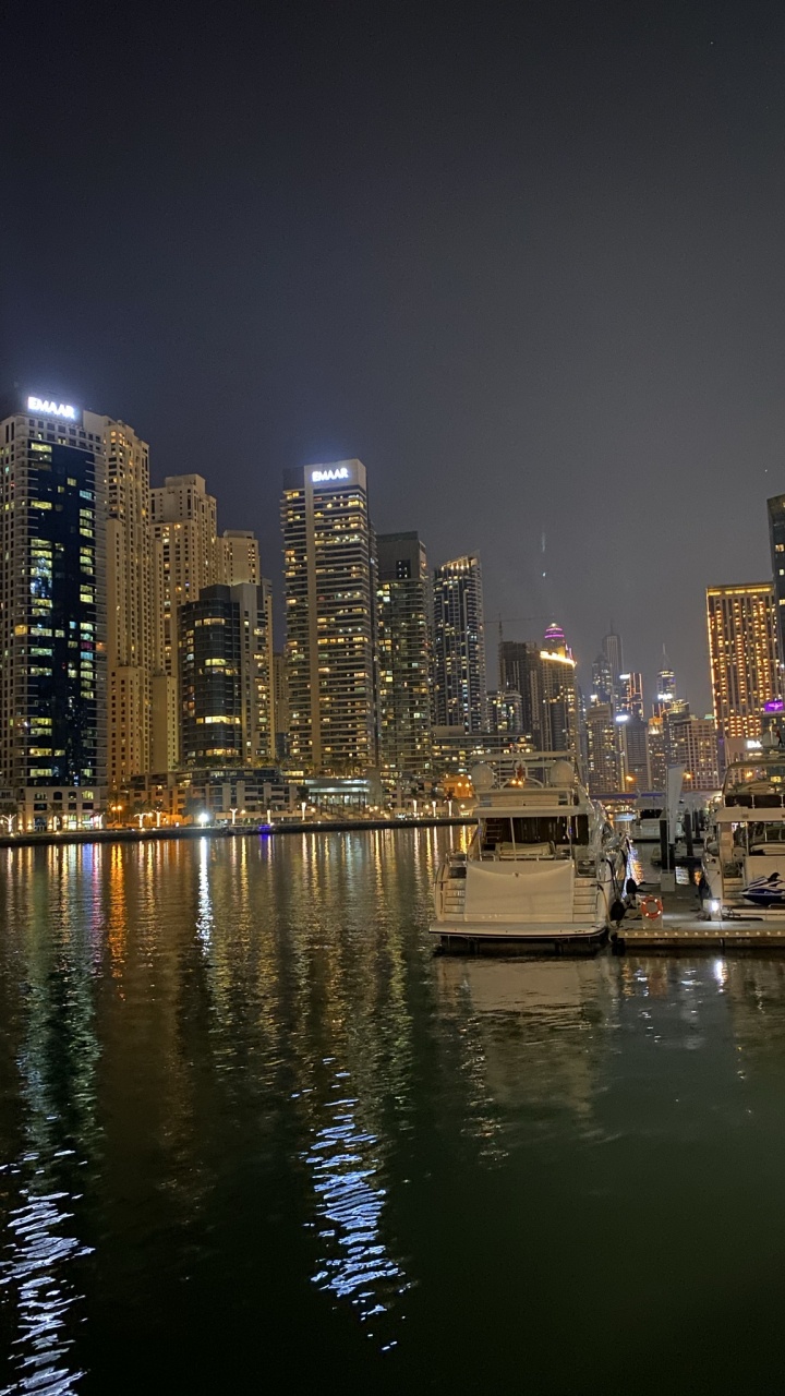 Dubai, Dubai Marina, Cityscape, Water, Night. Wallpaper in 720x1280 Resolution