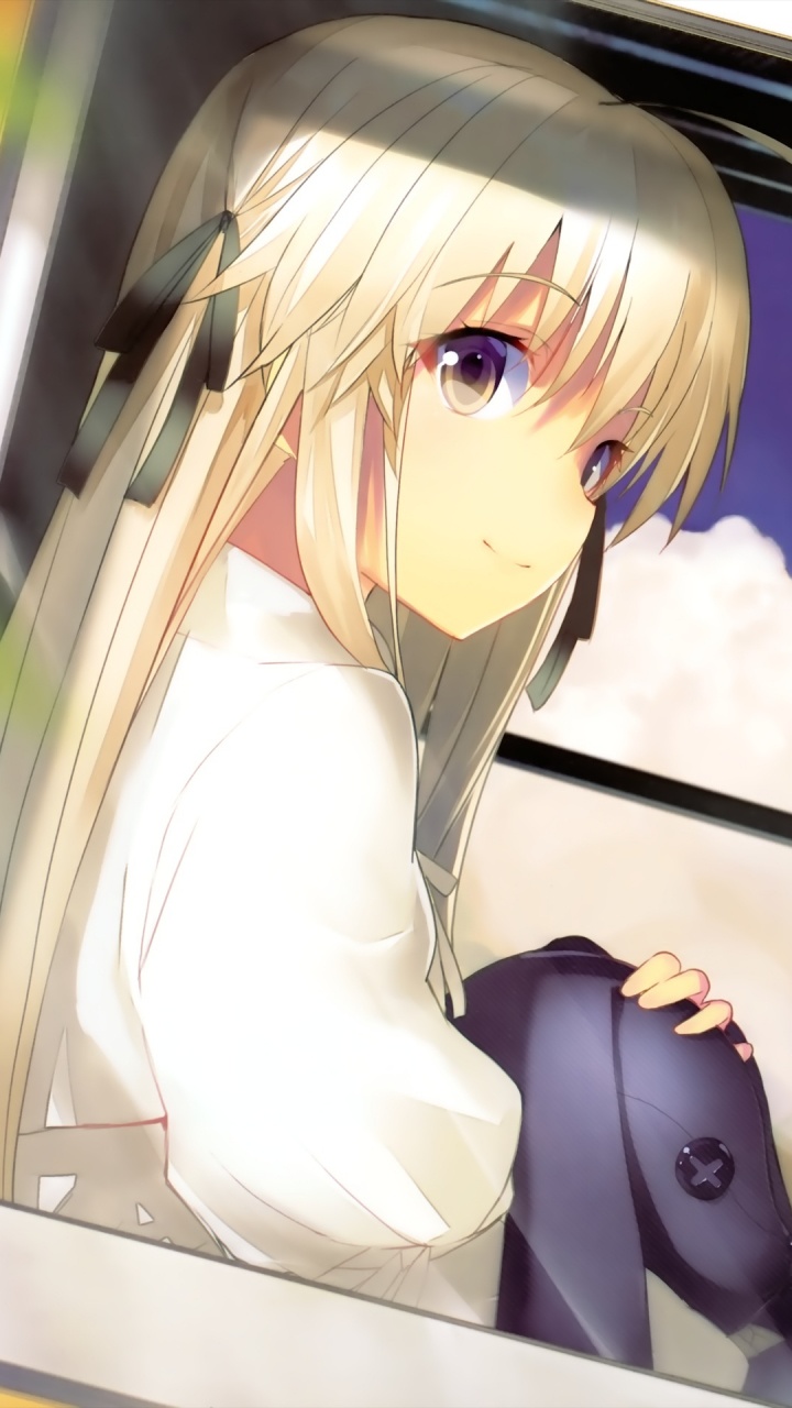 Blonde Frau im Weißen Langarmhemd Anime-Charakter. Wallpaper in 720x1280 Resolution