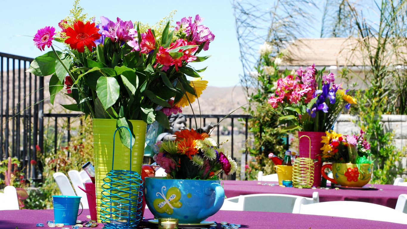 Red and Pink Flowers in Blue Ceramic Vase. Wallpaper in 1366x768 Resolution