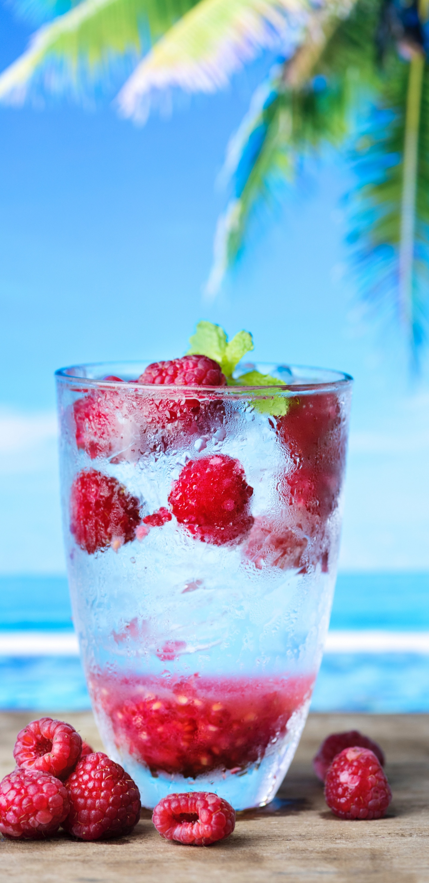 Clear Drinking Glass With Strawberry and Ice. Wallpaper in 1440x2960 Resolution