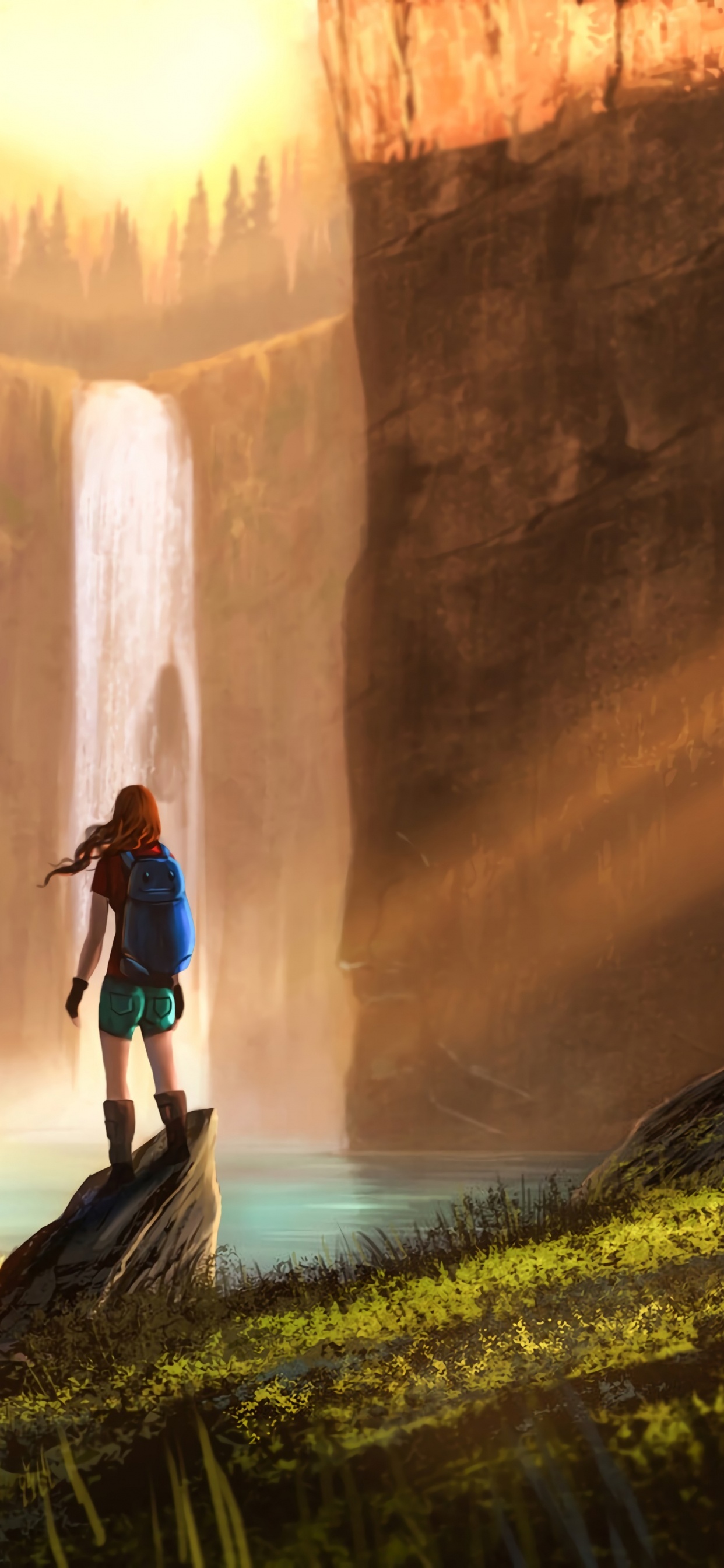 Woman in Black Dress Standing on Green Grass Near Waterfalls During Daytime. Wallpaper in 1242x2688 Resolution