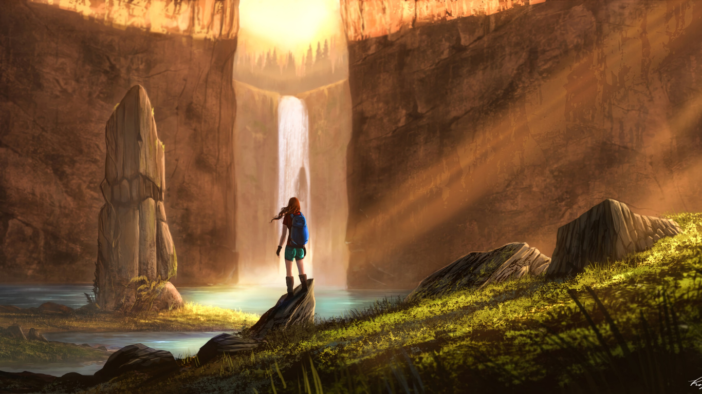 Woman in Black Dress Standing on Green Grass Near Waterfalls During Daytime. Wallpaper in 1366x768 Resolution