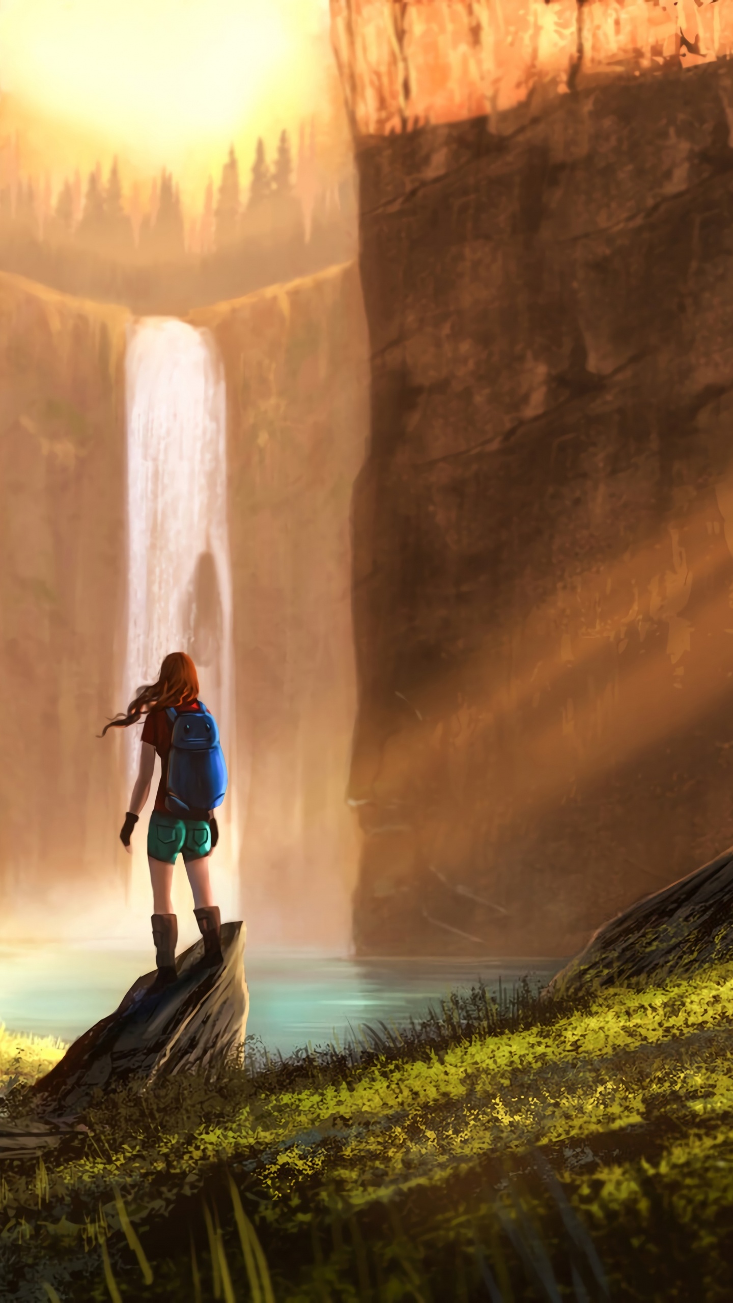 Woman in Black Dress Standing on Green Grass Near Waterfalls During Daytime. Wallpaper in 1440x2560 Resolution