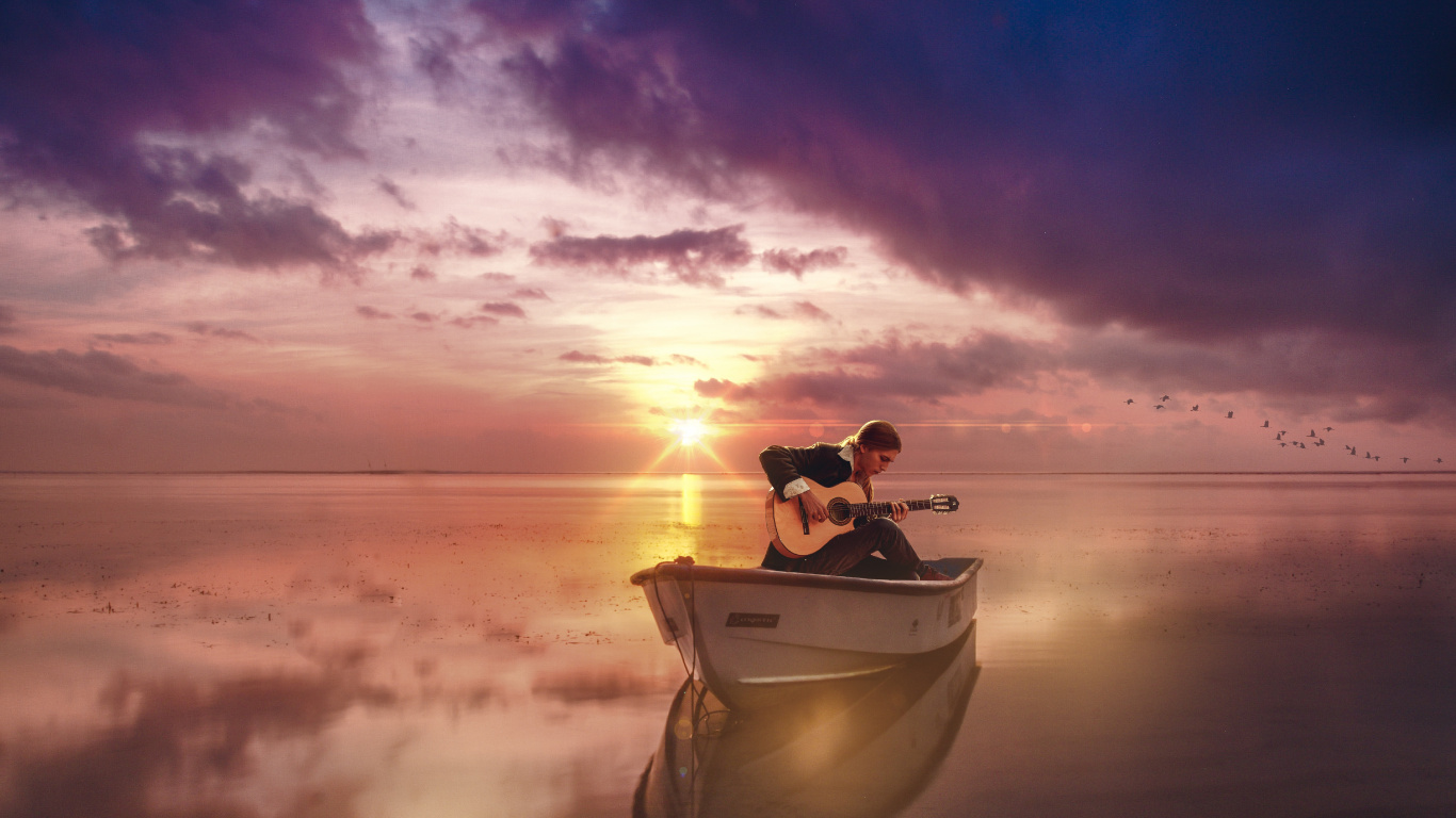 Boating, Calm, Horizon, Sea, Reflection. Wallpaper in 1366x768 Resolution