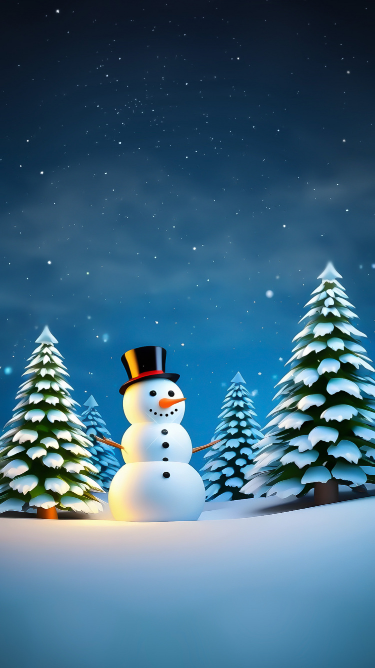 Bonhomme, Neige, Lumière, Arbre de Noël, Éclairage. Wallpaper in 750x1334 Resolution