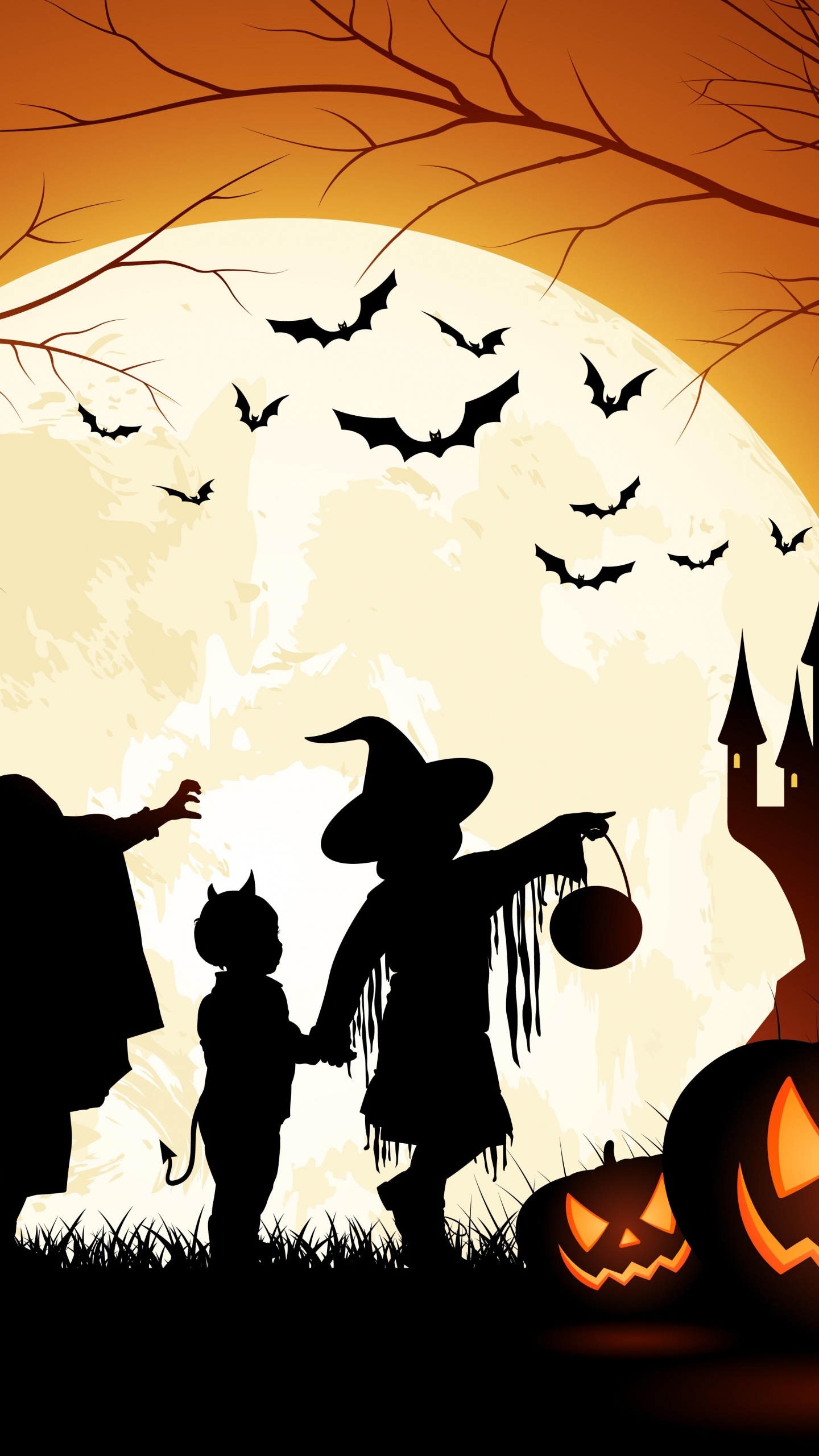 31. Oktober, Silhouette, Kunst, Illustration, Schatten. Wallpaper in 1440x2560 Resolution