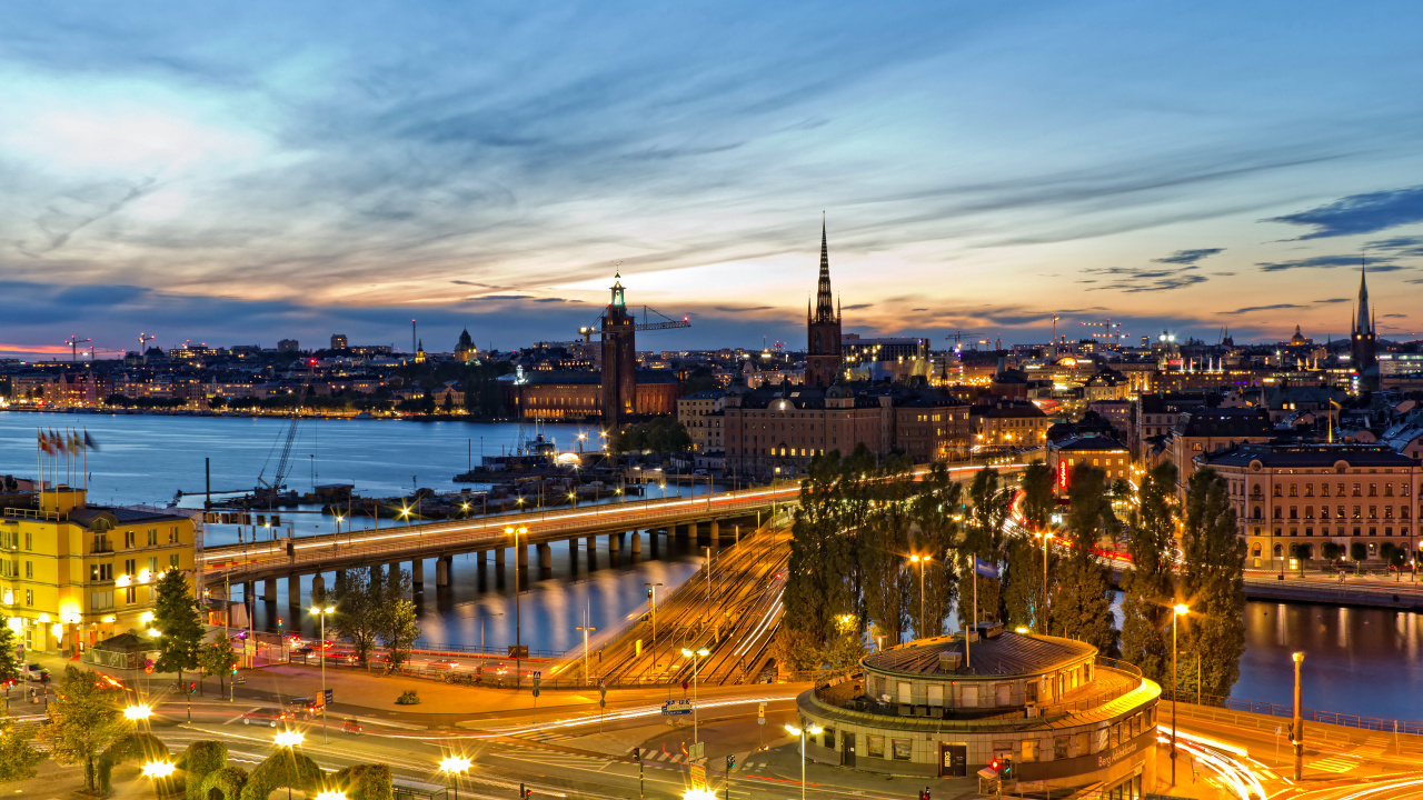 斯德哥尔摩, 城市景观, 城市, 里程碑, 晚上 壁纸 1280x720 允许
