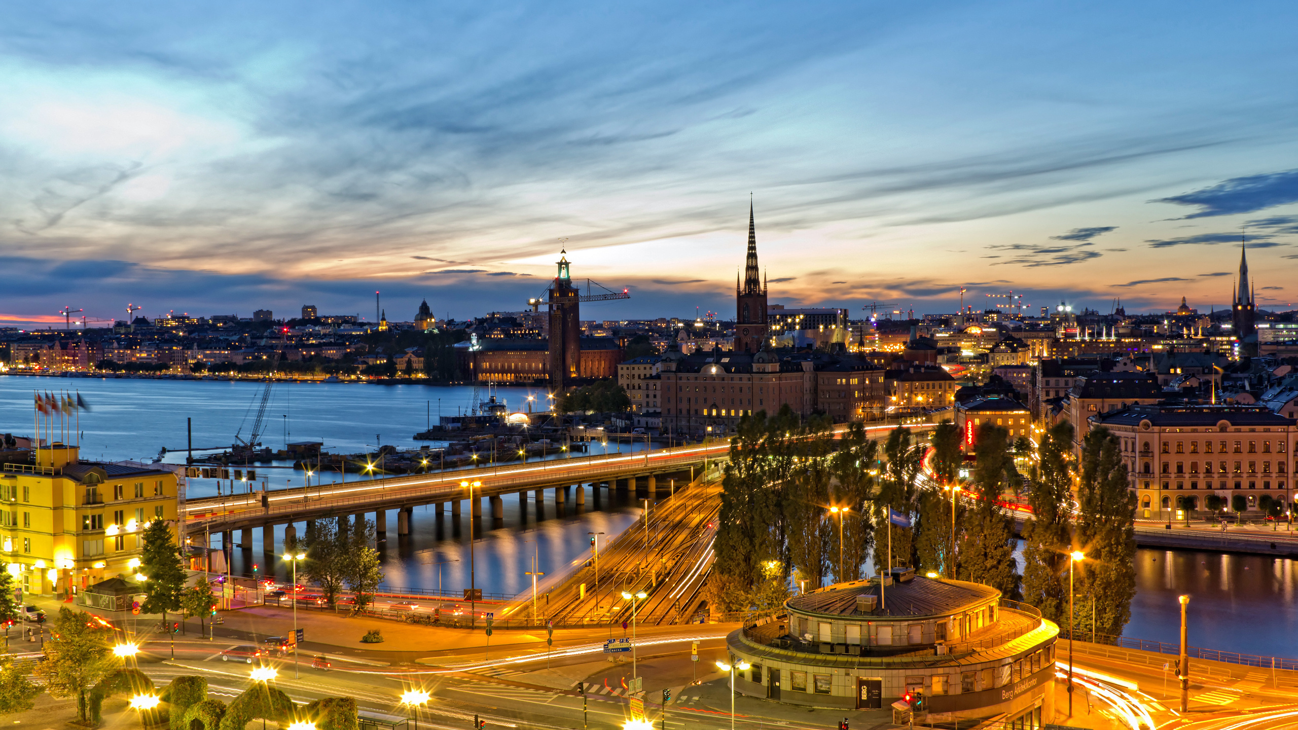 斯德哥尔摩, 城市景观, 城市, 里程碑, 晚上 壁纸 2560x1440 允许