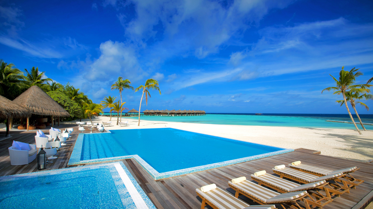 Chaises Longues en Bois Marron Sur Piscine Bleue Pendant la Journée. Wallpaper in 1280x720 Resolution