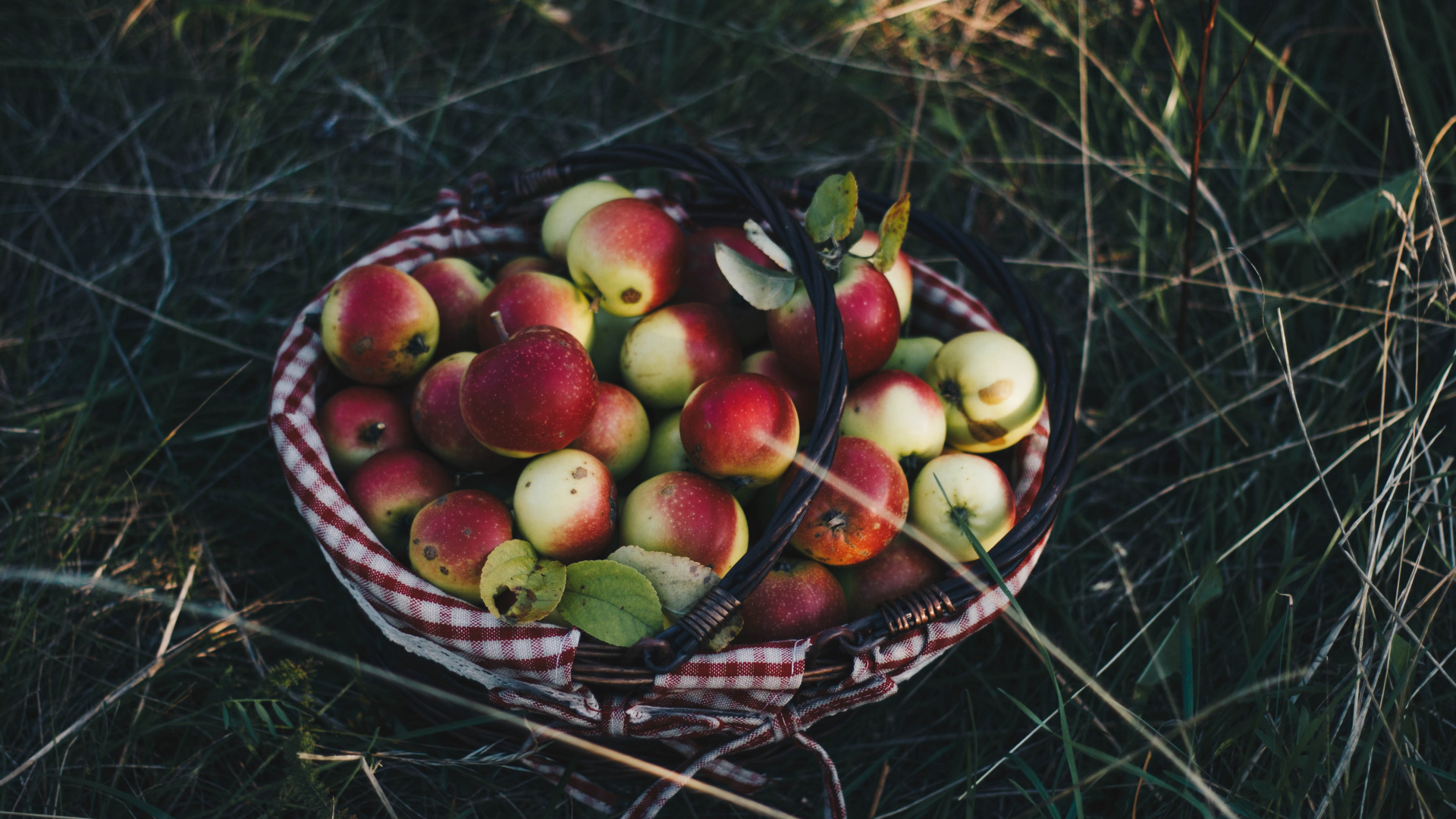 Red and Green Apples on Brown Woven Basket. Wallpaper in 1920x1080 Resolution