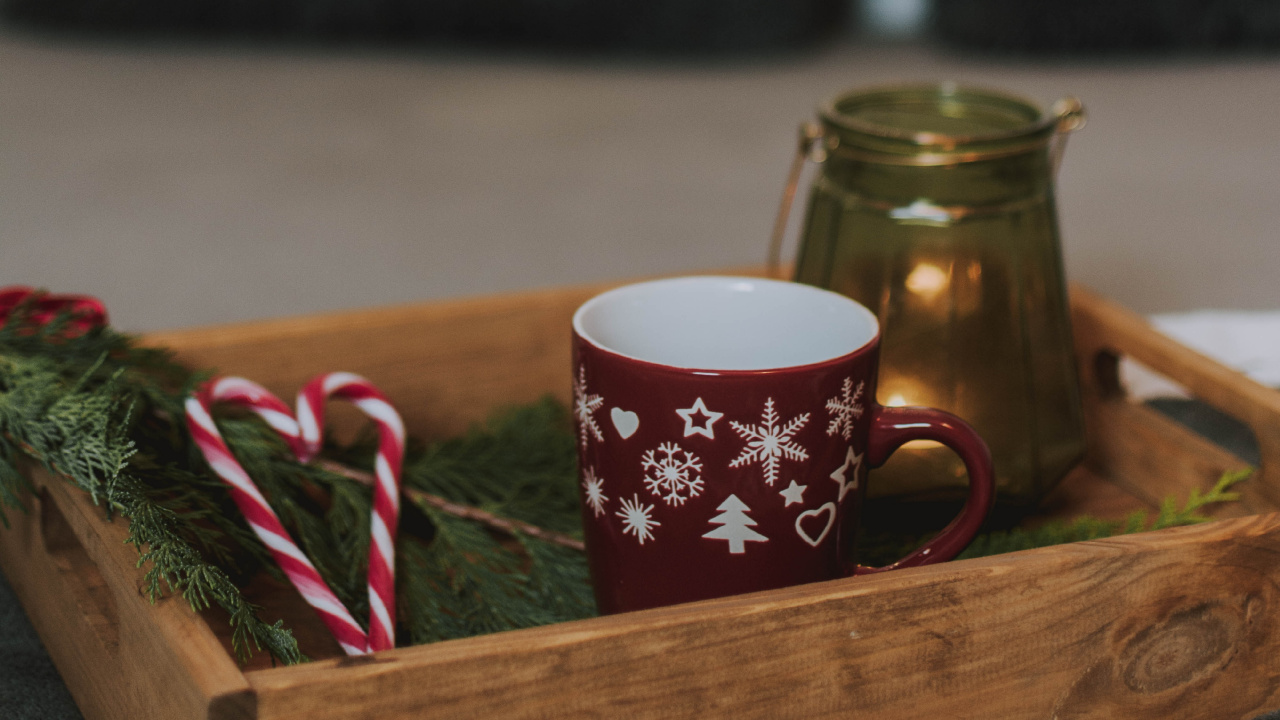 Red and White Ceramic Mug on Brown Wooden Table. Wallpaper in 1280x720 Resolution
