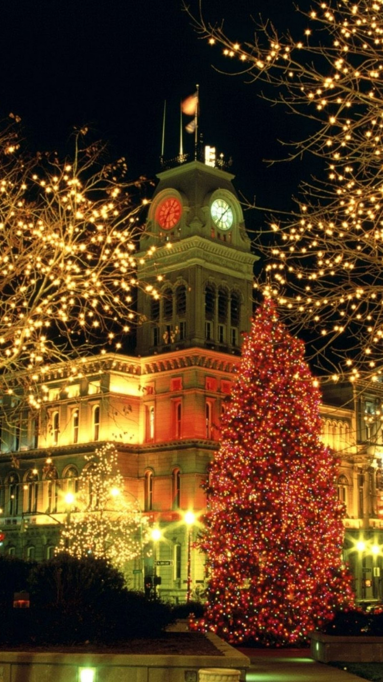 圣诞节那天, 圣诞彩灯, 圣诞树, 里程碑, 圣诞装饰 壁纸 750x1334 允许