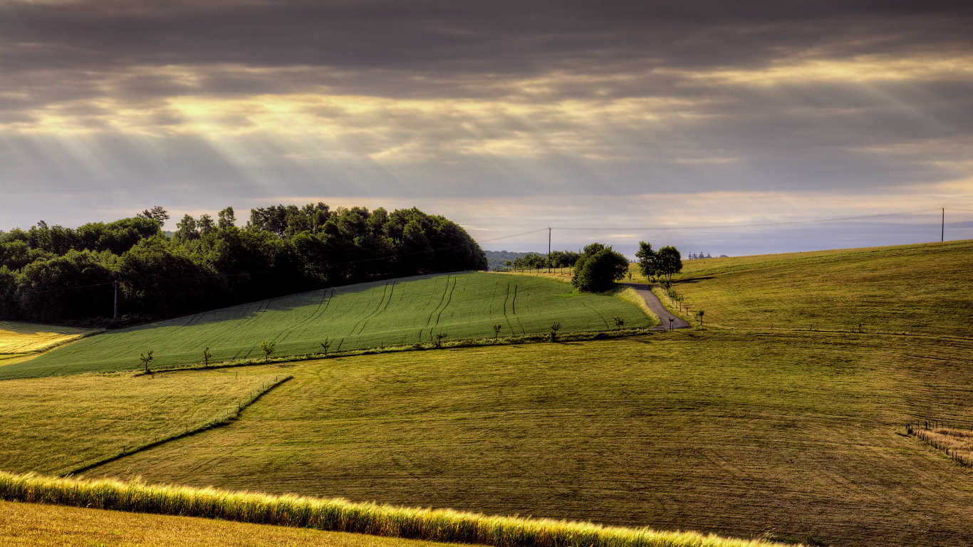 Tagsüber Grüne Wiese Unter Bewölktem Himmel. Wallpaper in 1366x768 Resolution