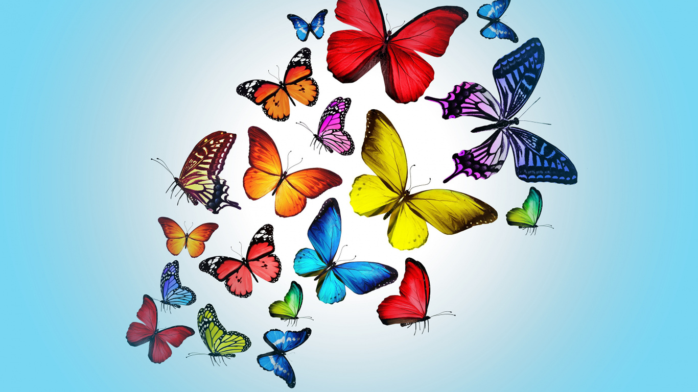 Mariposas Rojas y Azules en la Pared Blanca. Wallpaper in 1366x768 Resolution