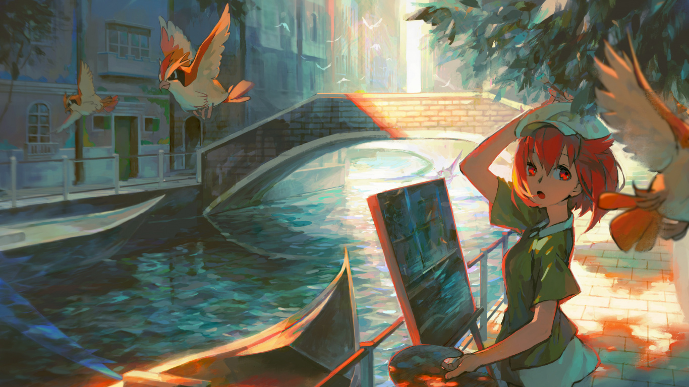 Woman in Green and White Dress Riding Boat Anime Character. Wallpaper in 1366x768 Resolution