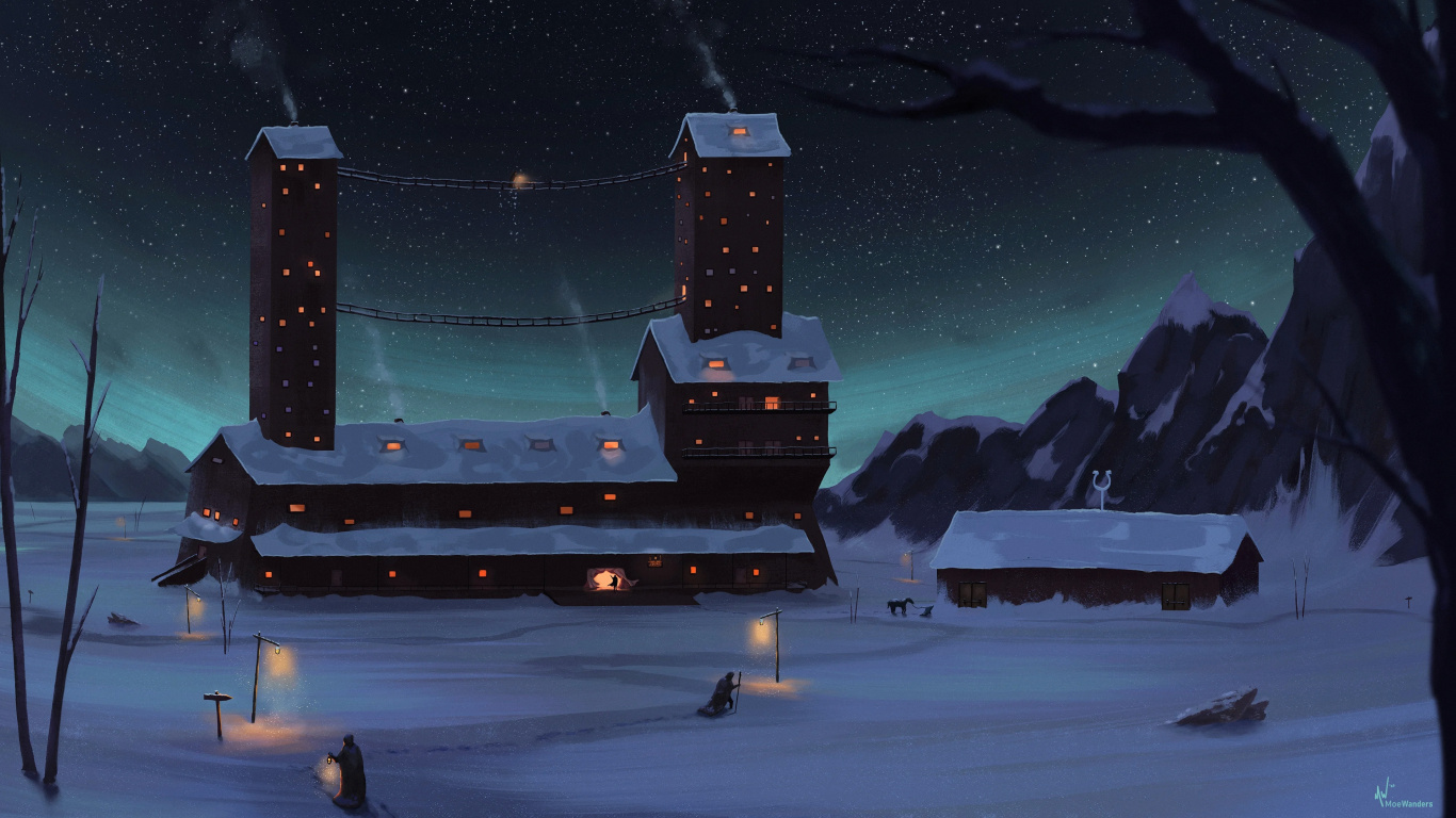 Snow, Art, Drawing, Atmosphere, Tree. Wallpaper in 1366x768 Resolution