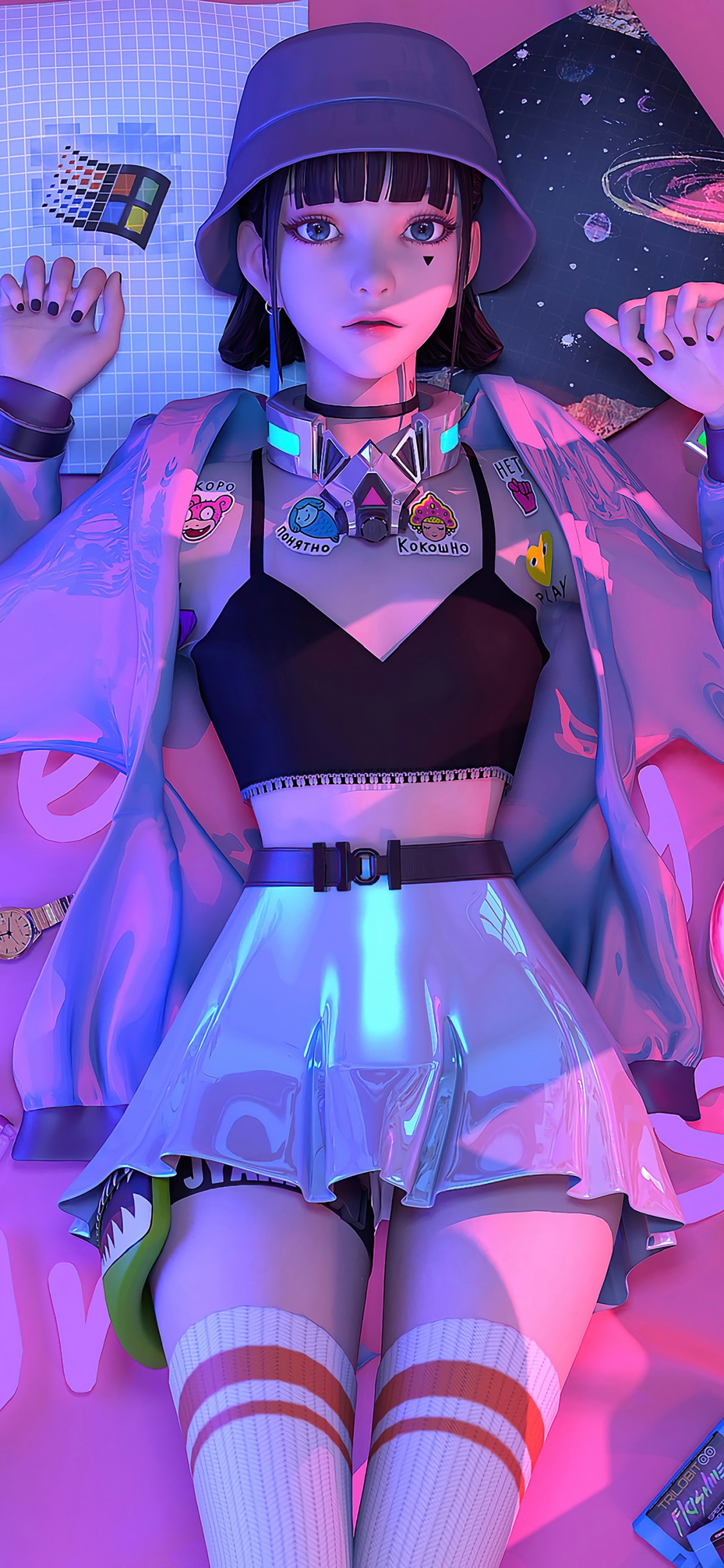 Cyberpunk, Anime, Retro Punk Anime Girl Acostado en la Cama, Morado, Violeta. Wallpaper in 1125x2436 Resolution