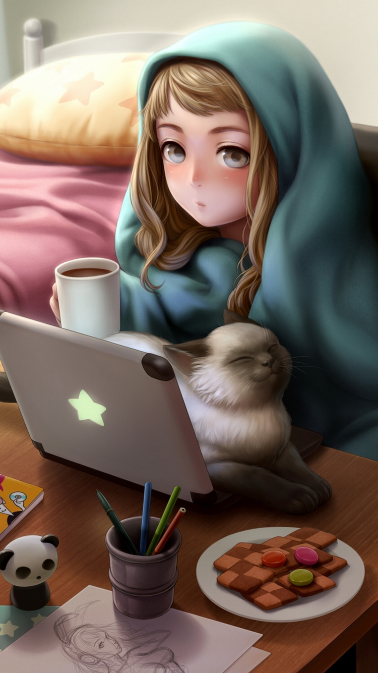 Woman in Teal Long Sleeve Shirt Using Macbook. Wallpaper in 750x1334 Resolution