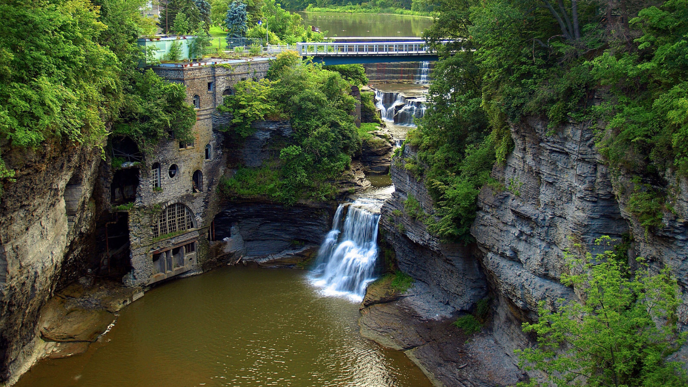 Waterfalls Near Green Trees During Daytime. Wallpaper in 1366x768 Resolution