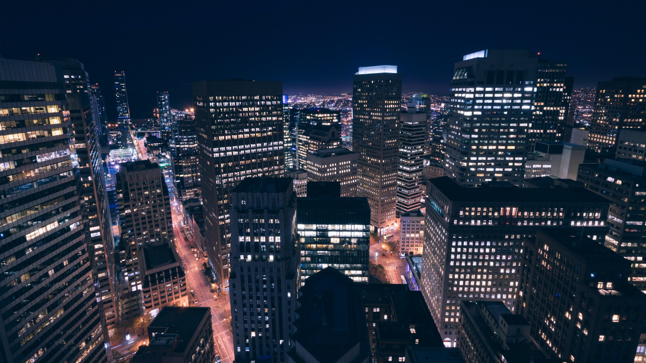 City With High Rise Buildings During Night Time. Wallpaper in 1280x720 Resolution