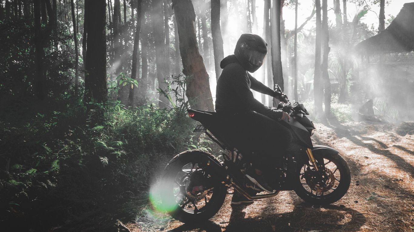 Mann, Der Tagsüber im Wald Motorrad Fährt. Wallpaper in 1366x768 Resolution