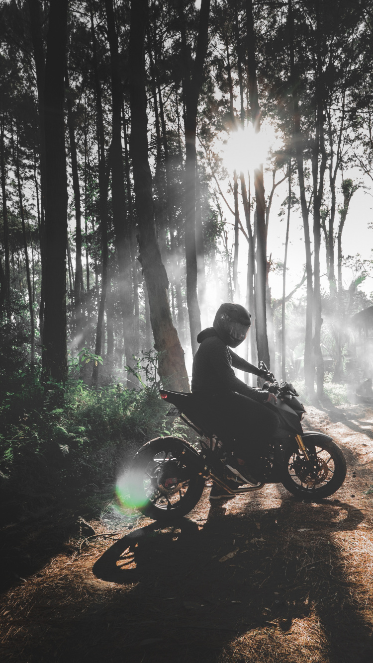 Mann, Der Tagsüber im Wald Motorrad Fährt. Wallpaper in 750x1334 Resolution