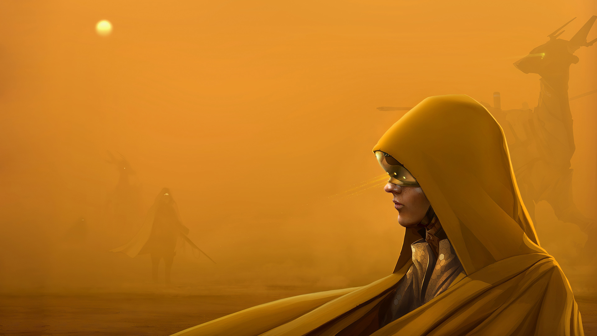 Frau im Gelben Hijab, Die Während Des Sonnenuntergangs Auf Der Wüste Steht. Wallpaper in 1920x1080 Resolution