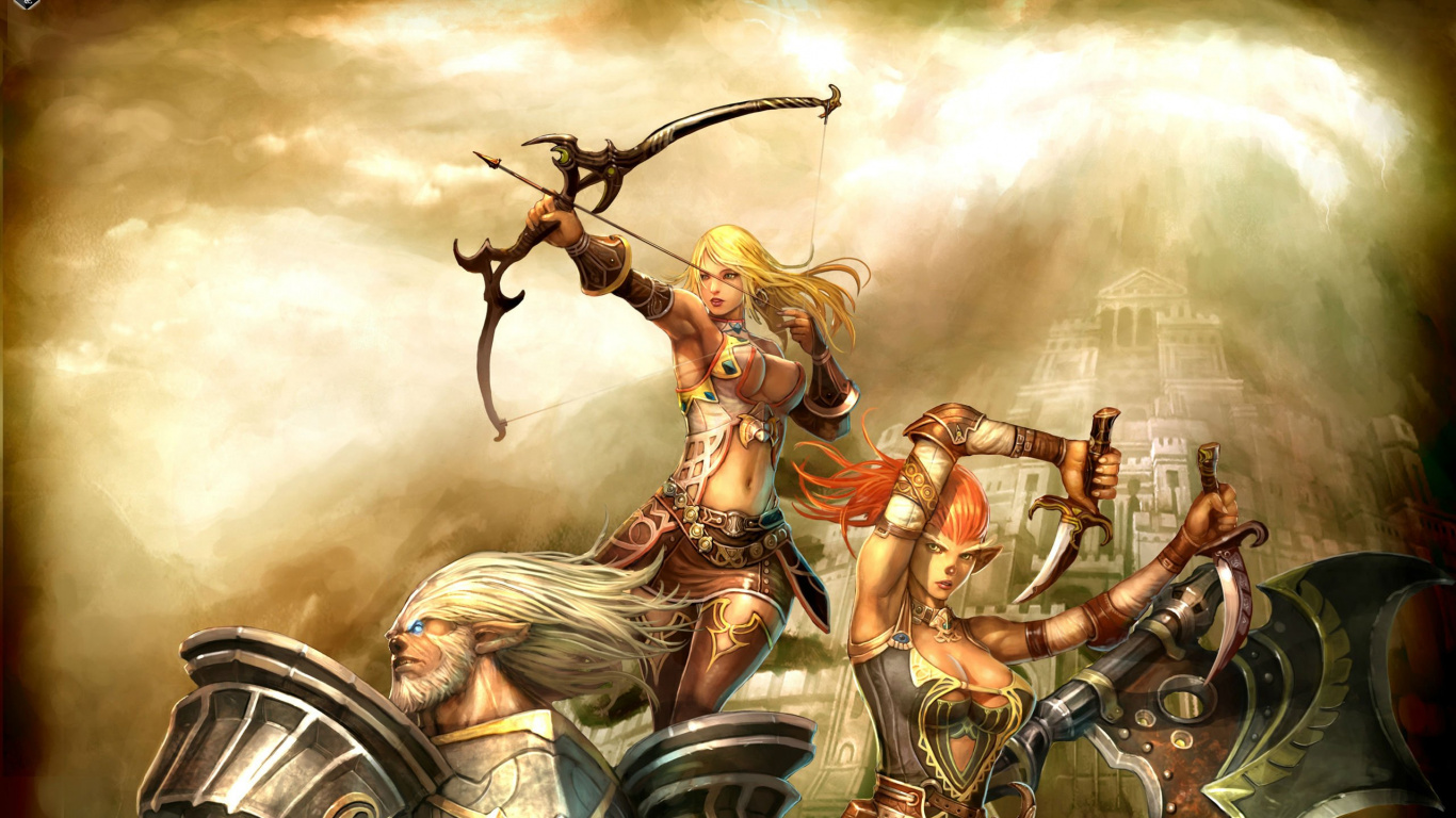 Woman in Red and Brown Dress Holding Sword Illustration. Wallpaper in 1366x768 Resolution
