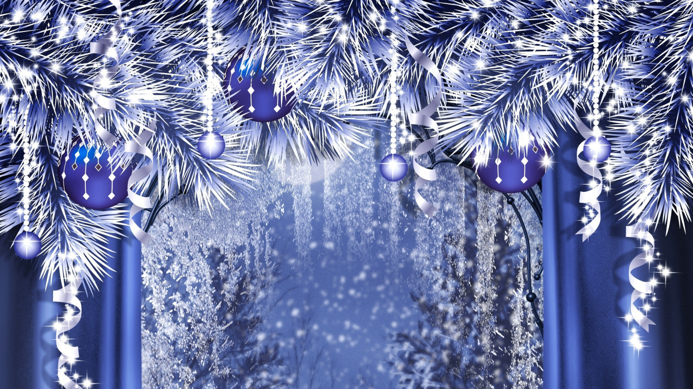 New Year, Christmas Day, Blue, Tree, Branch. Wallpaper in 1366x768 Resolution