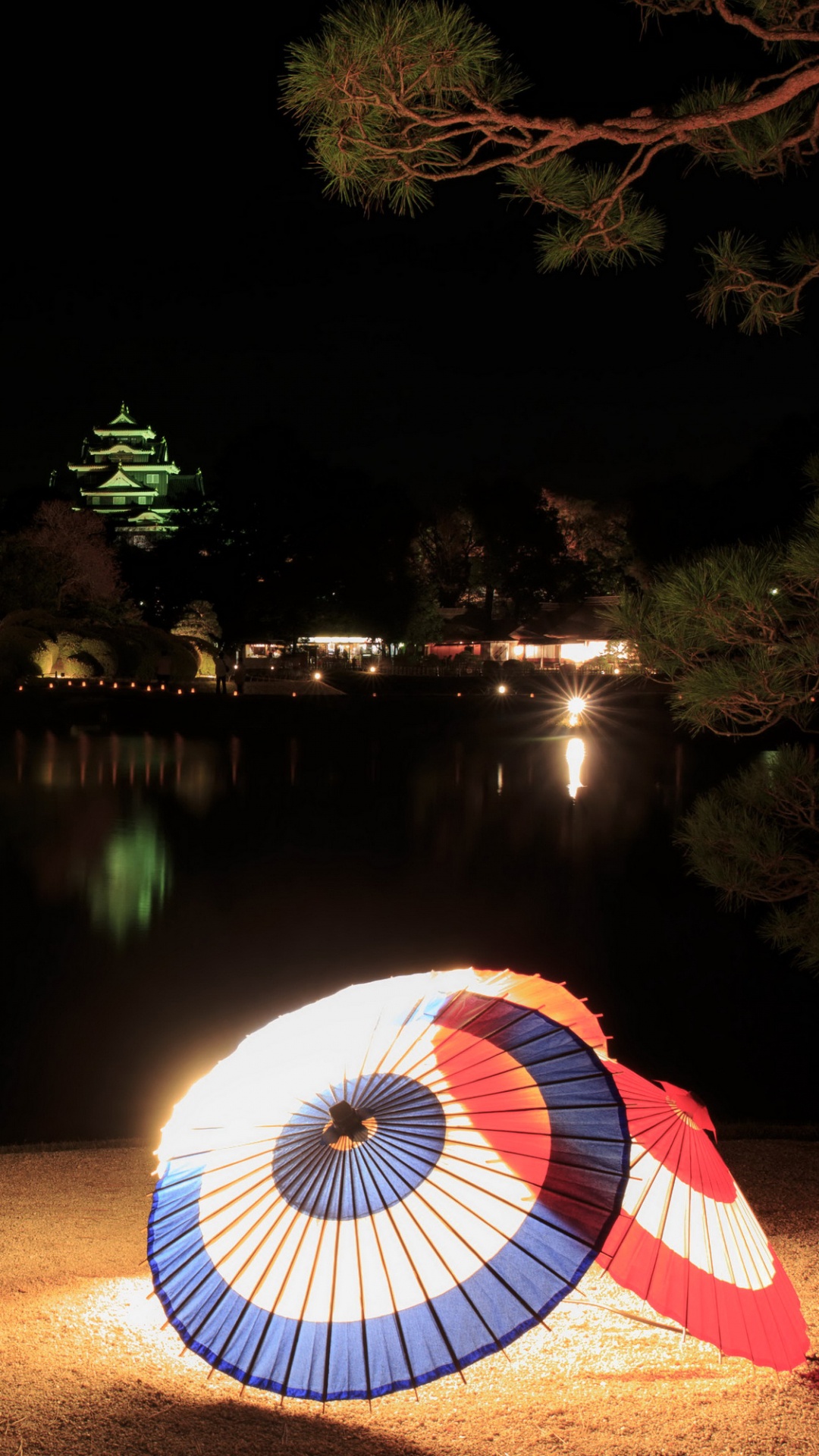 Blue and Red Umbrella Near Lake During Night Time. Wallpaper in 1080x1920 Resolution