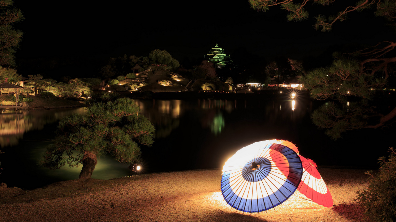 Blue and Red Umbrella Near Lake During Night Time. Wallpaper in 1280x720 Resolution