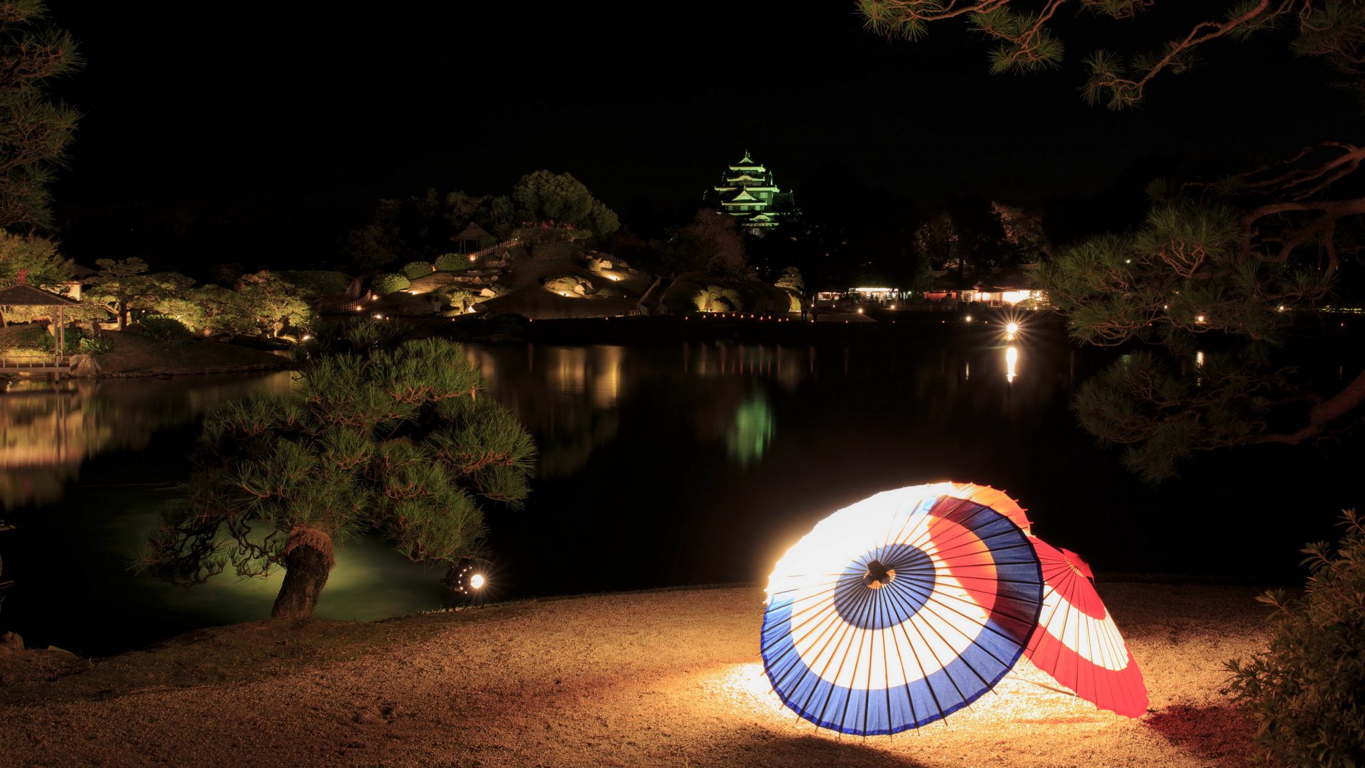 Blue and Red Umbrella Near Lake During Night Time. Wallpaper in 1920x1080 Resolution