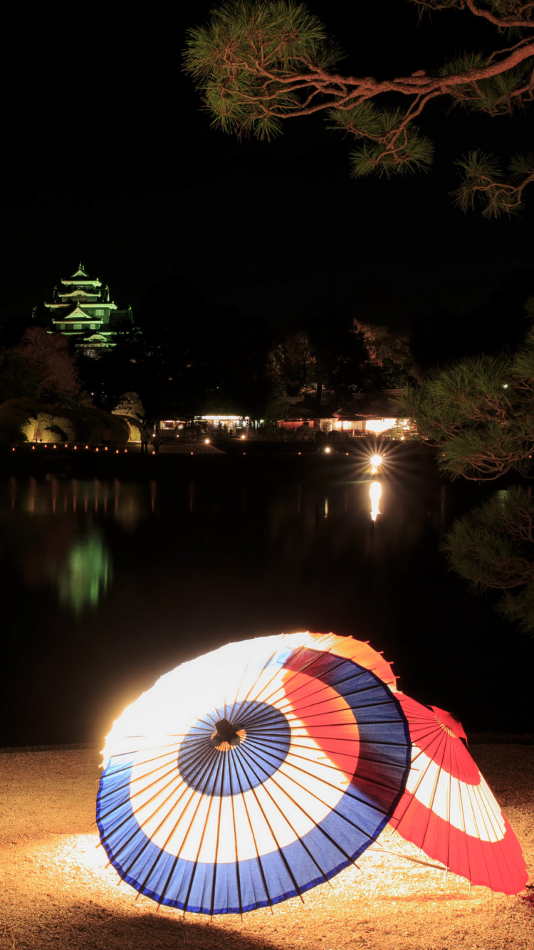 Blue and Red Umbrella Near Lake During Night Time. Wallpaper in 750x1334 Resolution