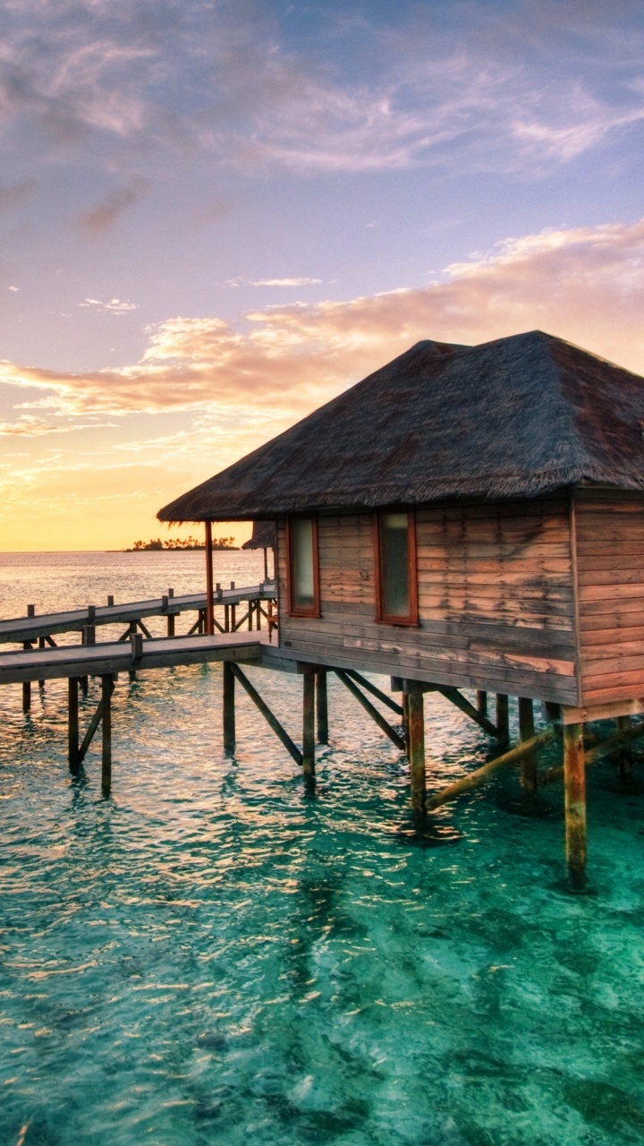 Brown Wooden Dock on Sea Under Blue Sky During Sunset. Wallpaper in 720x1280 Resolution