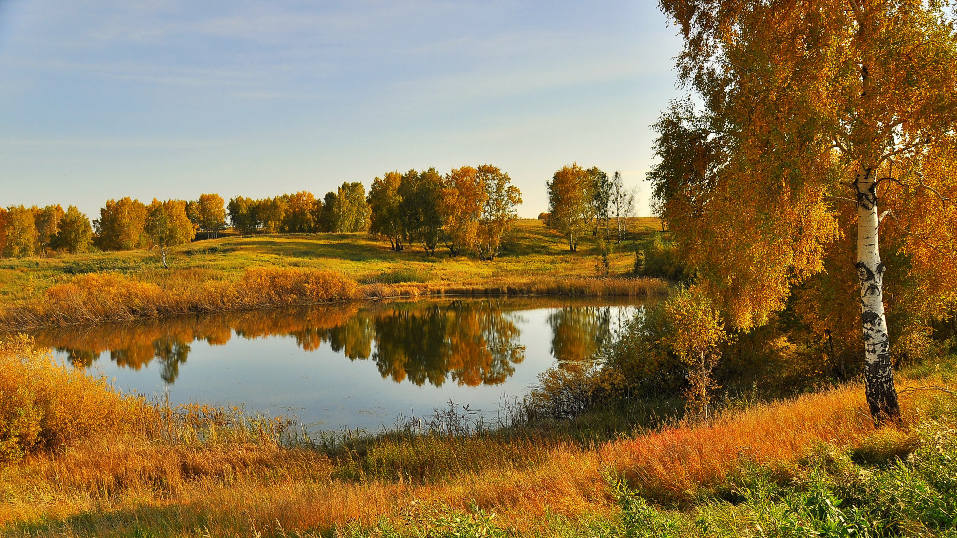 Brown Grass Near Lake Under Blue Sky During Daytime. Wallpaper in 1920x1080 Resolution